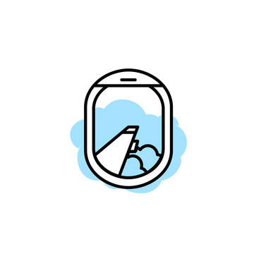 Vector Airplane Window Porthole Icon. Wing And Clouds