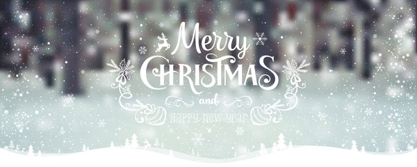 Christmas and New Year typographical on holidays background with snowflakes, light, stars. Vector Illustration. Xmas card