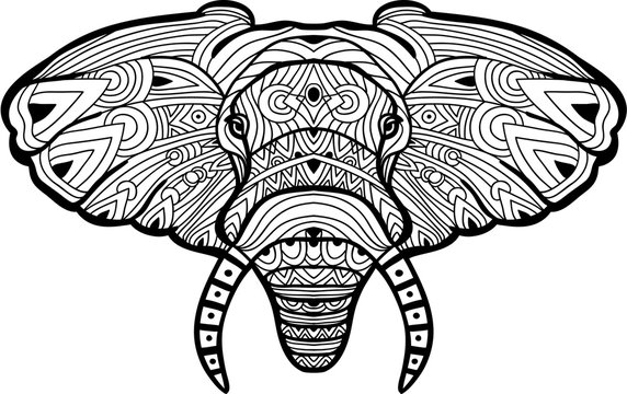 Monochrome hand-drawn ink drawing. Painted elephant on white background with tribal pattern. Coloring page book for adults. Line art design