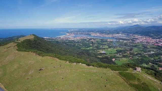 Aerial above mountains in Hondarriba, border France Spain, Basque Country, Spain