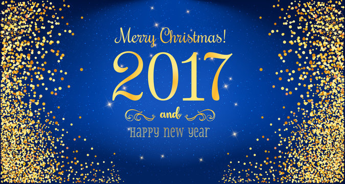 Christmas 2017 and New Year typographical on blue background with Gold glitter texture. Vector illustration for golden shimmer background. Xmas card. Vector Illustration