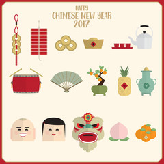 Happy chinese new year 2017 icons set vector