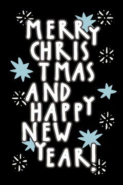 Merry Christmas and Happy New Year vintage hand drawn greeting card, gift tag, postcard, poster on black background with  stars. Hand lettering artwork