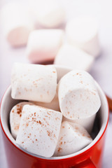 Marshmallows with chocolate in red cup, close-up