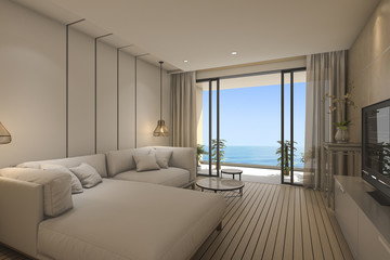 3d rendering contemporary living room with sofa near sea