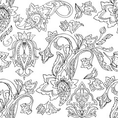 Paisley seamless pattern. Monochrome hand drawn floral motif for coloring book, page, wallpaper, wrapping