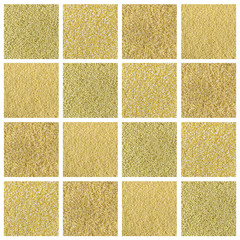 Fototapeta premium Collage consisting of bulgur, millet, cous cous, polenta grains. Food background. Healthy lifestyle concept. Yellow pattern.