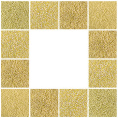 Fototapeta premium Collage consisting of bulgur, millet, cous cous, polenta grains. Food background. Healthy lifestyle concept. Yellow pattern.