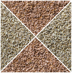 Collage consisting of brown rice with pollen and spelt wheat. Healthy lifestyle concept. Food textured background.