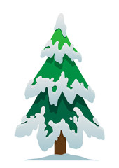 Cartoon Christmas tree in the snow on a white background