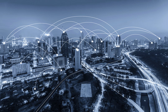 City scape in blue tone. Network connection concept