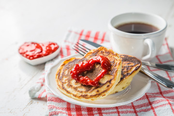 Breakfast for valentines day - pancaked, jam and coffee