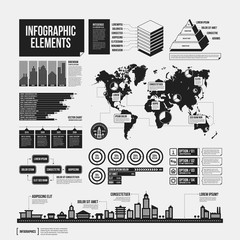Big set of infographics elements in black and white colors. Monochrome design. Minimalistic style. - 129263526