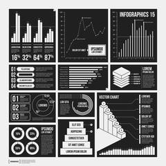 Big set of infographics elements in black and white colors. Monochrome design. Minimalistic style. - 129263542