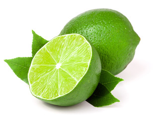 lime with half and leaf isolated on white background
