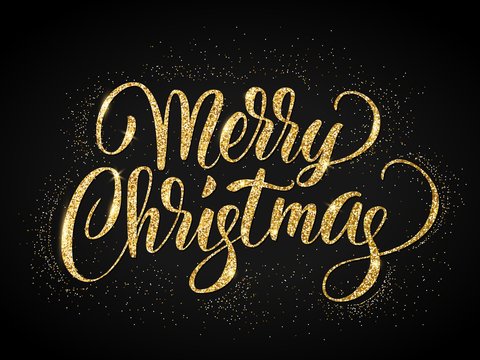 Merry christmas card with golden glitter lettering