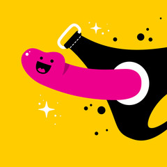Handdrawn illustration with cute strapon on yellow background. Useful for sex shop advertising or Valentine's day cards.