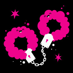Handdrawn illustration with cute handcuffs with pink fur on black background. Useful for sex shop advertising or Valentine's day cards.
