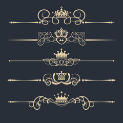 Vector set. Victorian Scrolls and crown. Decorative elements. Gold on black background