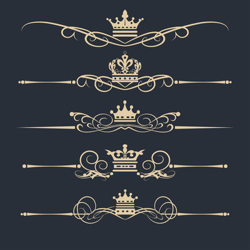 Vector set. Victorian Scrolls and crown. Decorative elements design. Gold on black background