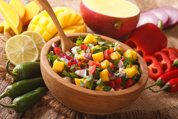 Delicious salsa with mango, pepper, jalapeno, cilantro and onions close-up. horizontal