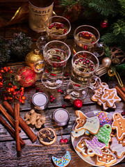 Christmas still-life, top view. Punch in glasses and Christmas cookies.