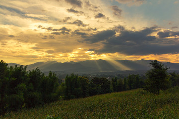 Sunset light with mountain