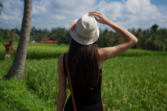 Slim girl walking on the green rice field on Bali