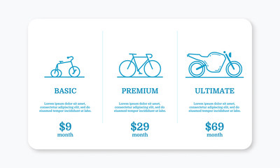 Vector illustration of pricing subscription plan table template with blue bicycles and motocycle in line style. UI UX interface design elements. Price list 3 options plans for online services.