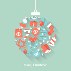 Christmas vector illustration. Colorful flat icons with long shadows on light blue background. Cute greeting card with Christmas ball.