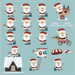 Merry Christmas and Happy New Year! Big set funny Santa Claus in different poses.  - 129269599