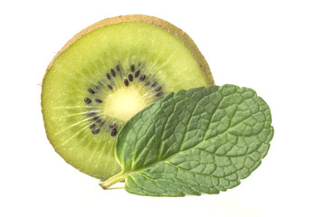Naklejka na ściany i meble one piece of the cut sweet ripe kiwi fruit with green leaf fragr
