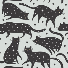 seamless pattern, black cats with stars