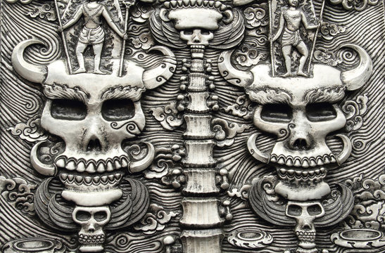 Decorative Art of Lanna Thai silver carving art on temple wall .