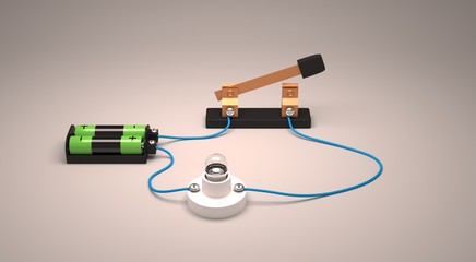 Electric circuit showing open switch using a light bulb and batteries.