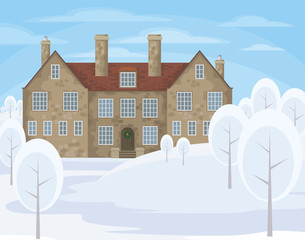 Image of a old English house on a background of a winter landscape. Vector illustration.