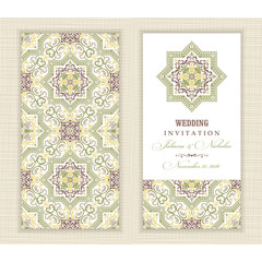 Wedding invitation cards in an vintage-style green and brown.