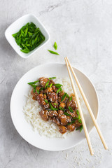 teriyaki chicken with rice, served with sesame seeds and chopped