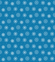 Seamless pattern of many white snowflakes on blue background. Ch