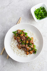 teriyaki chicken with rice, served with sesame seeds and chopped