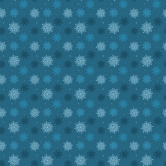 Dark seamless pattern of many light snowflakes on blue backgroun