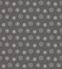 Elegant seamless pattern of many gold and purple snowflakes on d