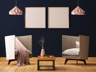mockup posters in the interior in copper frames on dark background. 3d