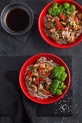 soba noodle with teriyaki chicken and broccoli