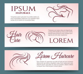 Hair care banners set with linear long hared women and text. Vector illustration