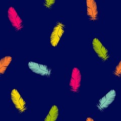 Bright colored feathers on a blue background. Seamless pattern. Hand drawing. Vector illustration.