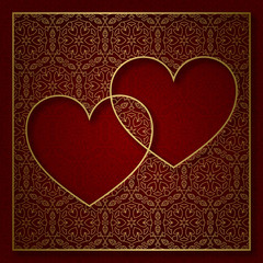 Romantic patterned background with frame of two hearts