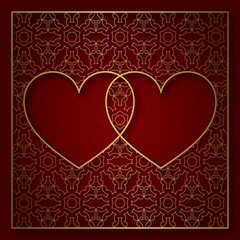 Romantic patterned background with frame of two hearts