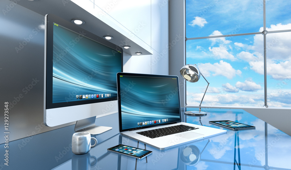 Poster modern glass desk interior with computer and devices 3d renderin