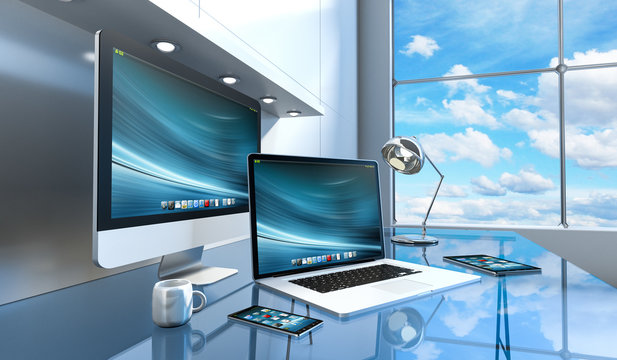 Modern glass desk interior with computer and devices 3D renderin